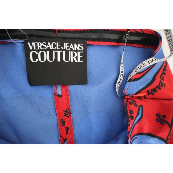 Versace Jeans Couture Sz 6 Red/Blue One Shoulder Envers Satin Print Dress - Picture 3 of 11